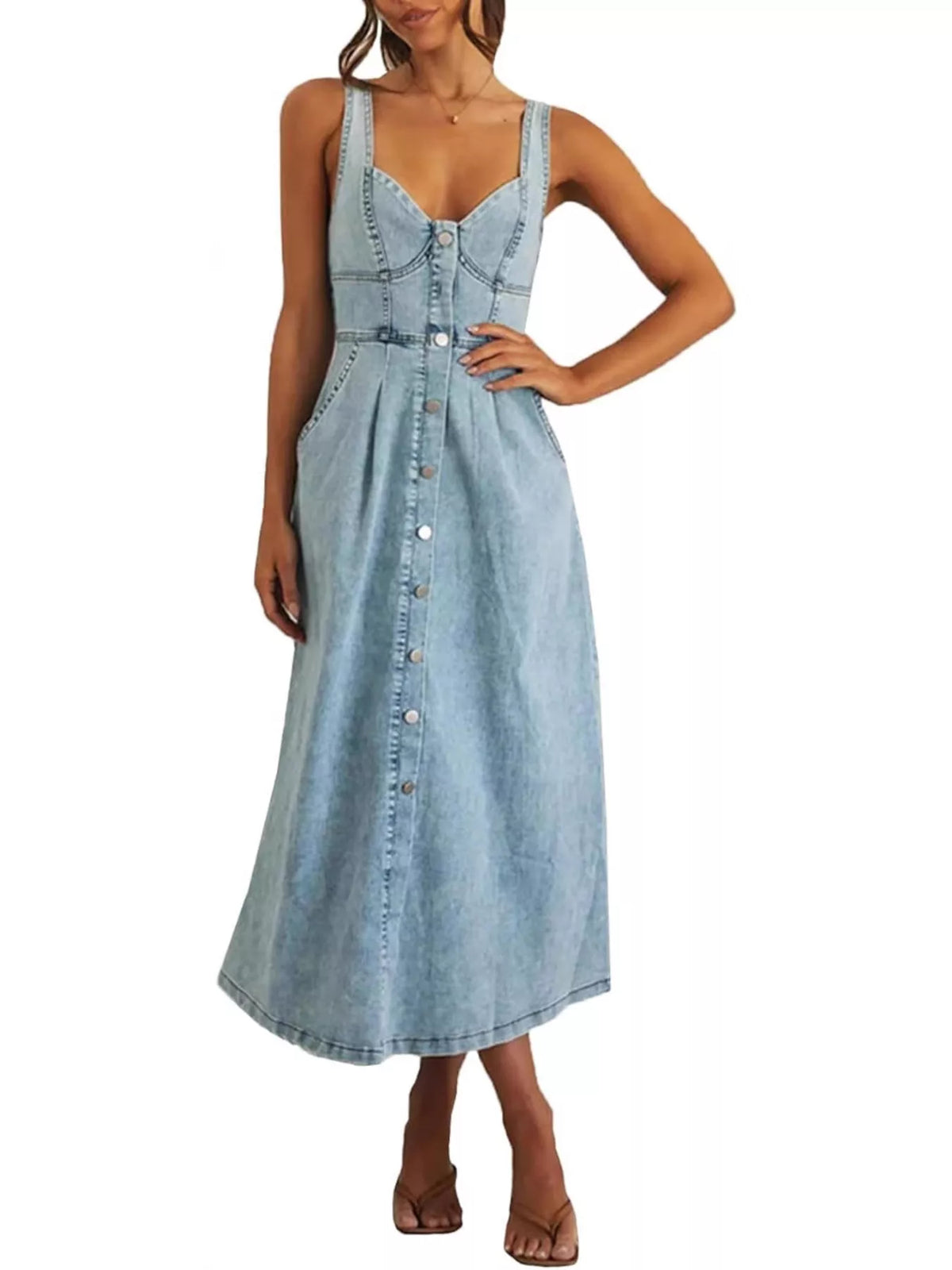 Smocked Back Button-Front Denim Midi Dress