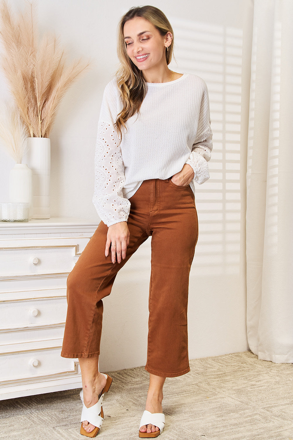 Eyelet Dropped Shoulder Blouse in White