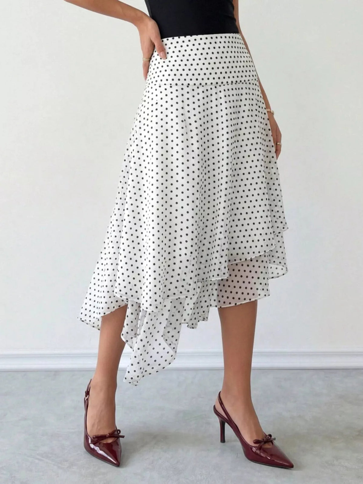 Polka Dot Asymmetrical Hem Midi Skirt in White