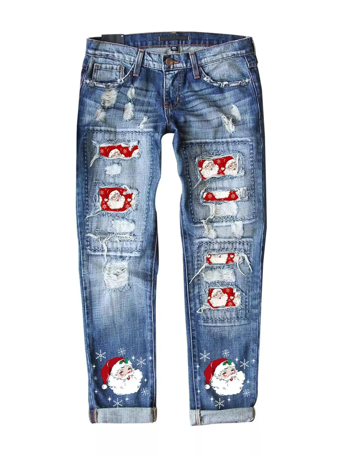 Distressed Santa Claus Print Jeans in Blue