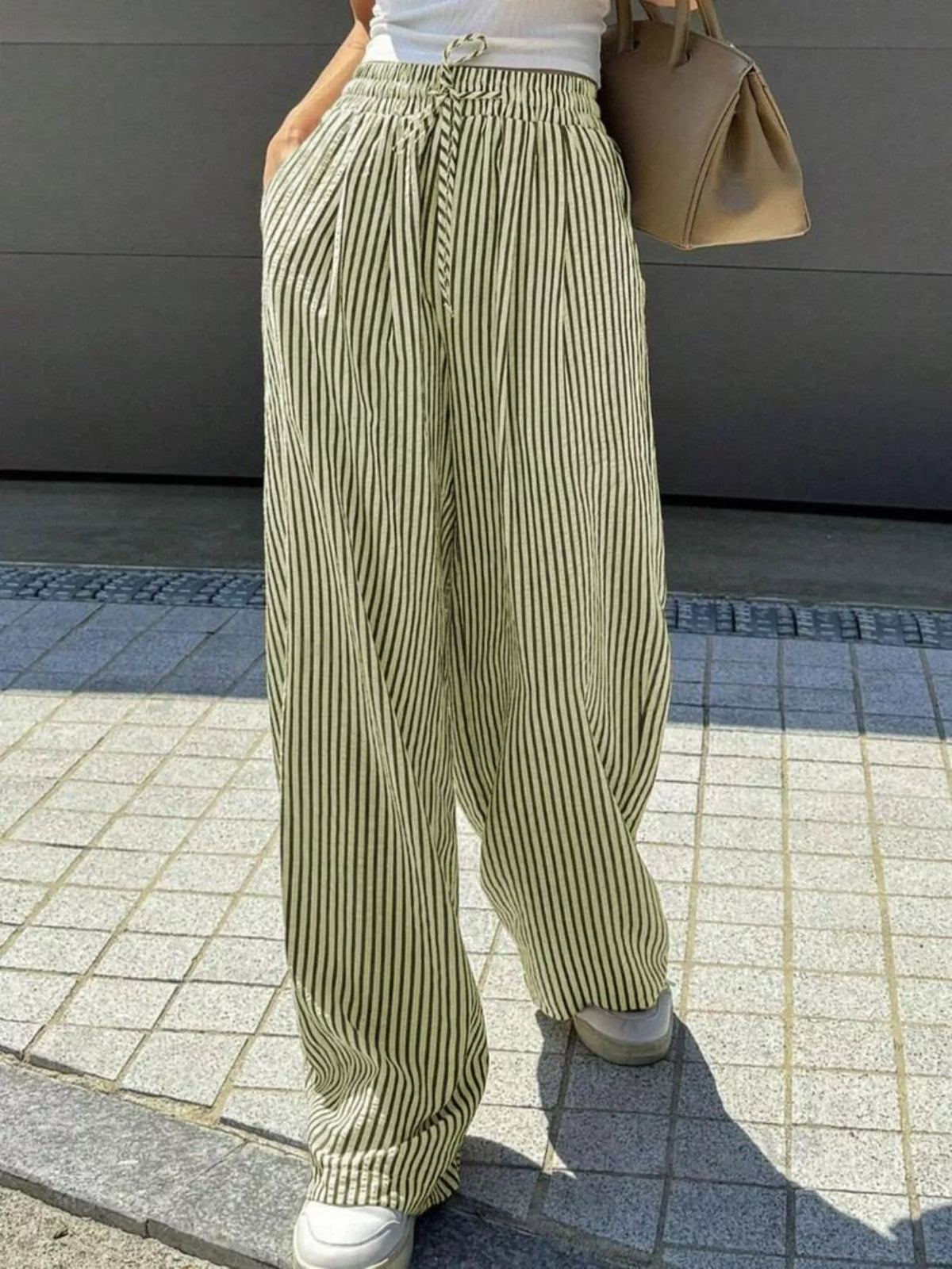 Striped Drawstring Wide Leg Pants