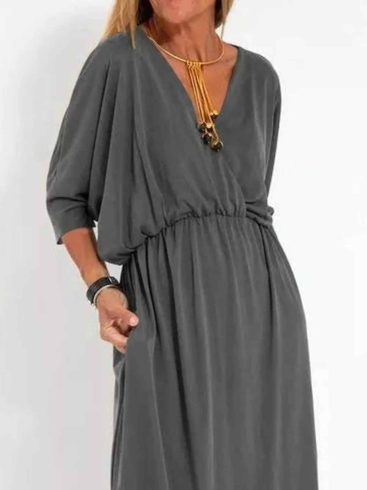V-Neck Batwing Sleeve Maxi Dress with Pockets