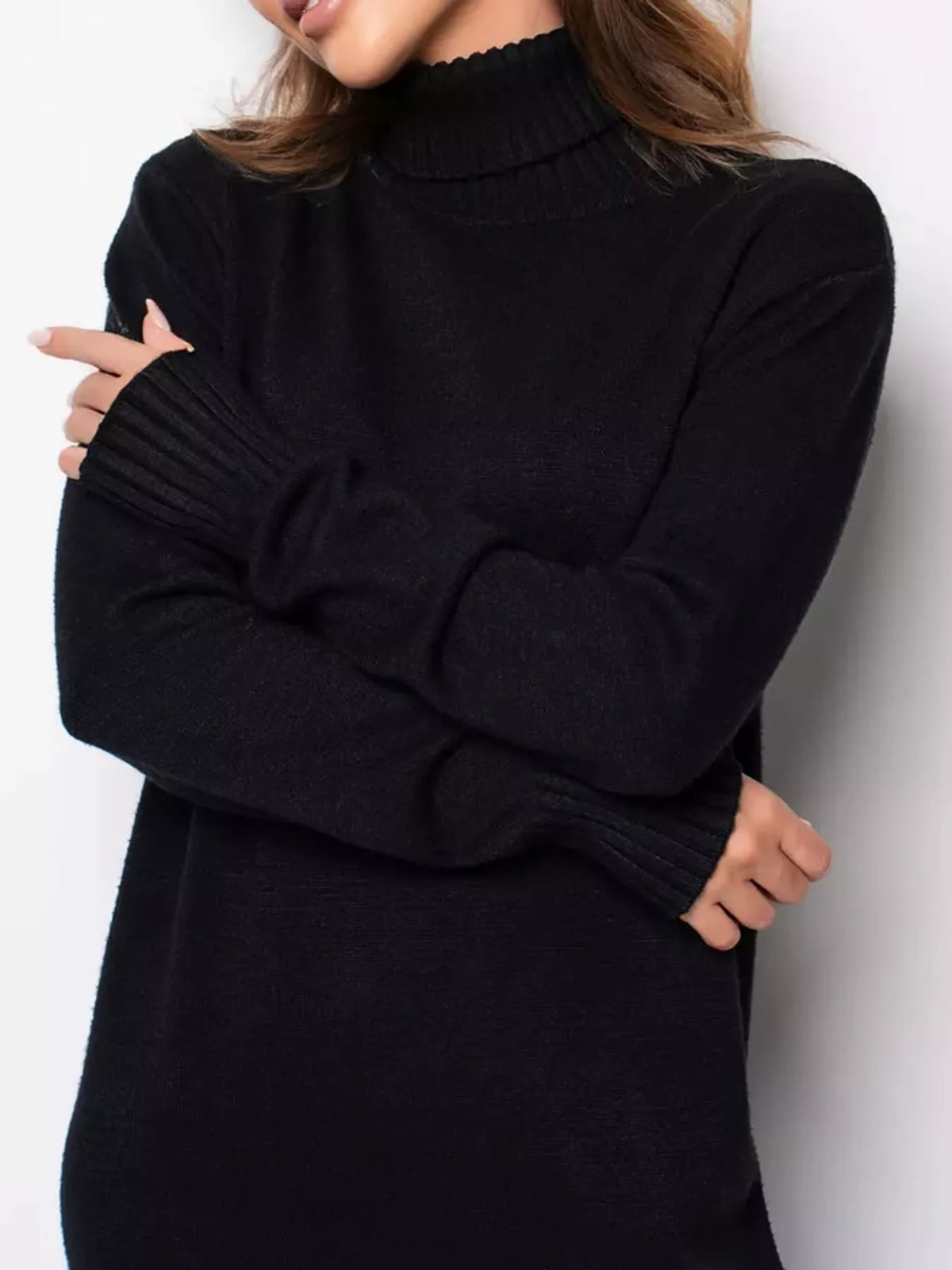 Relaxed Fit Turtleneck Ribbed Knit Sweater Dress