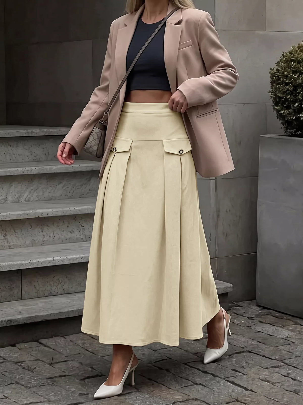 High Waist Pleated Midi Skirt in Khaki