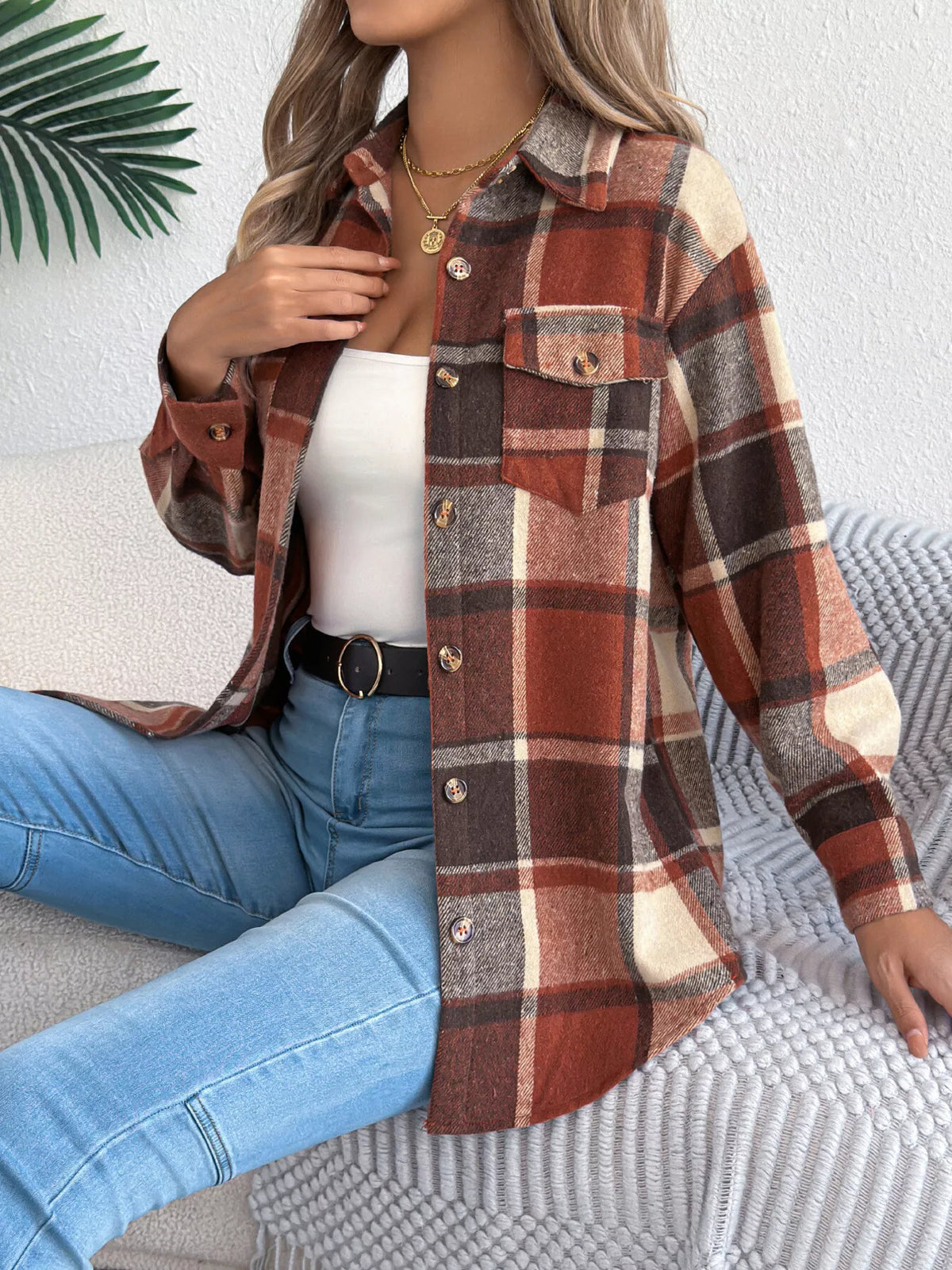 Plaid Button-Down Shacket by Clise