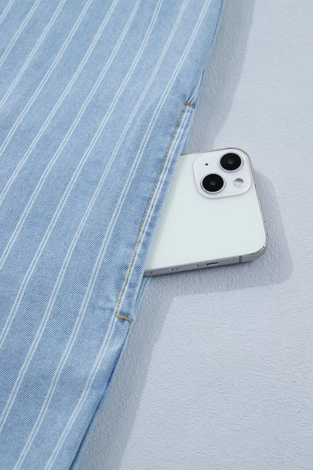 Striped Buttoned-Back Denim Mini Dress in Light Blue