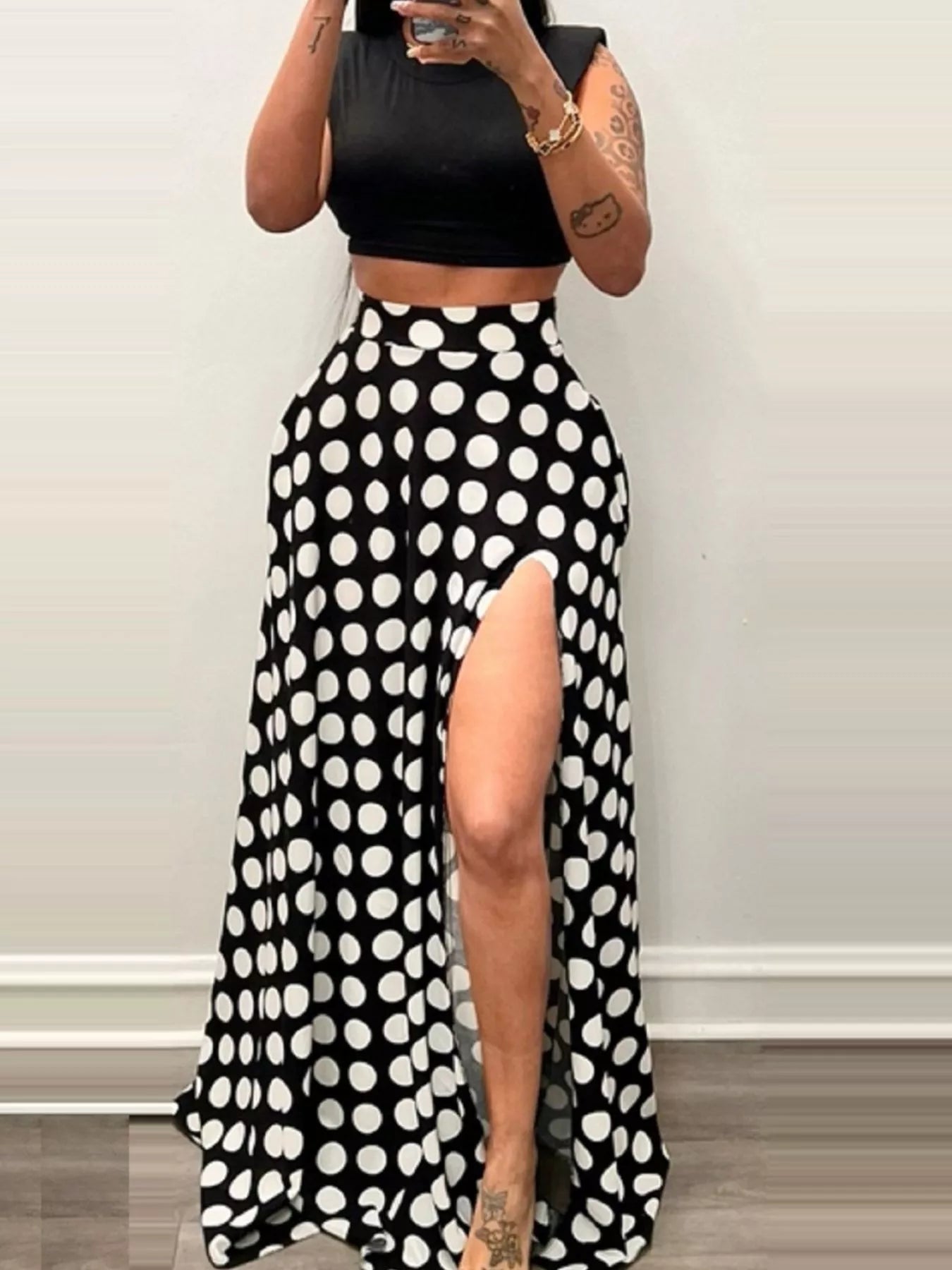 Polka Dot High Slit Maxi Skirt in Black
