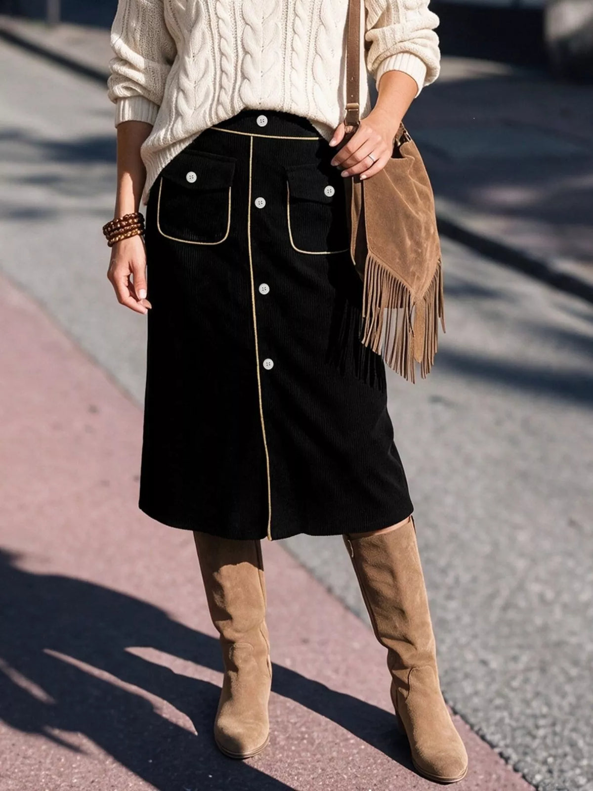 Corduroy Midi Skirt in Black