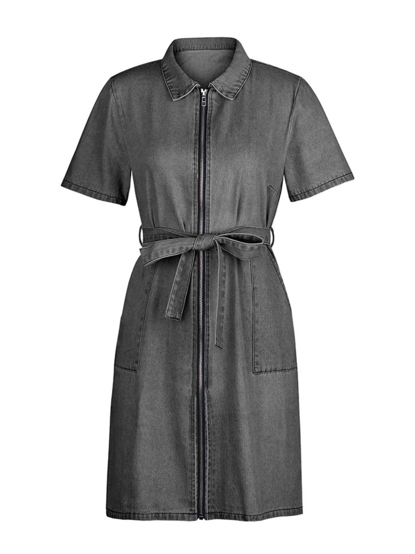 Zip-Front Short Sleeve Denim Dress by Yolan House