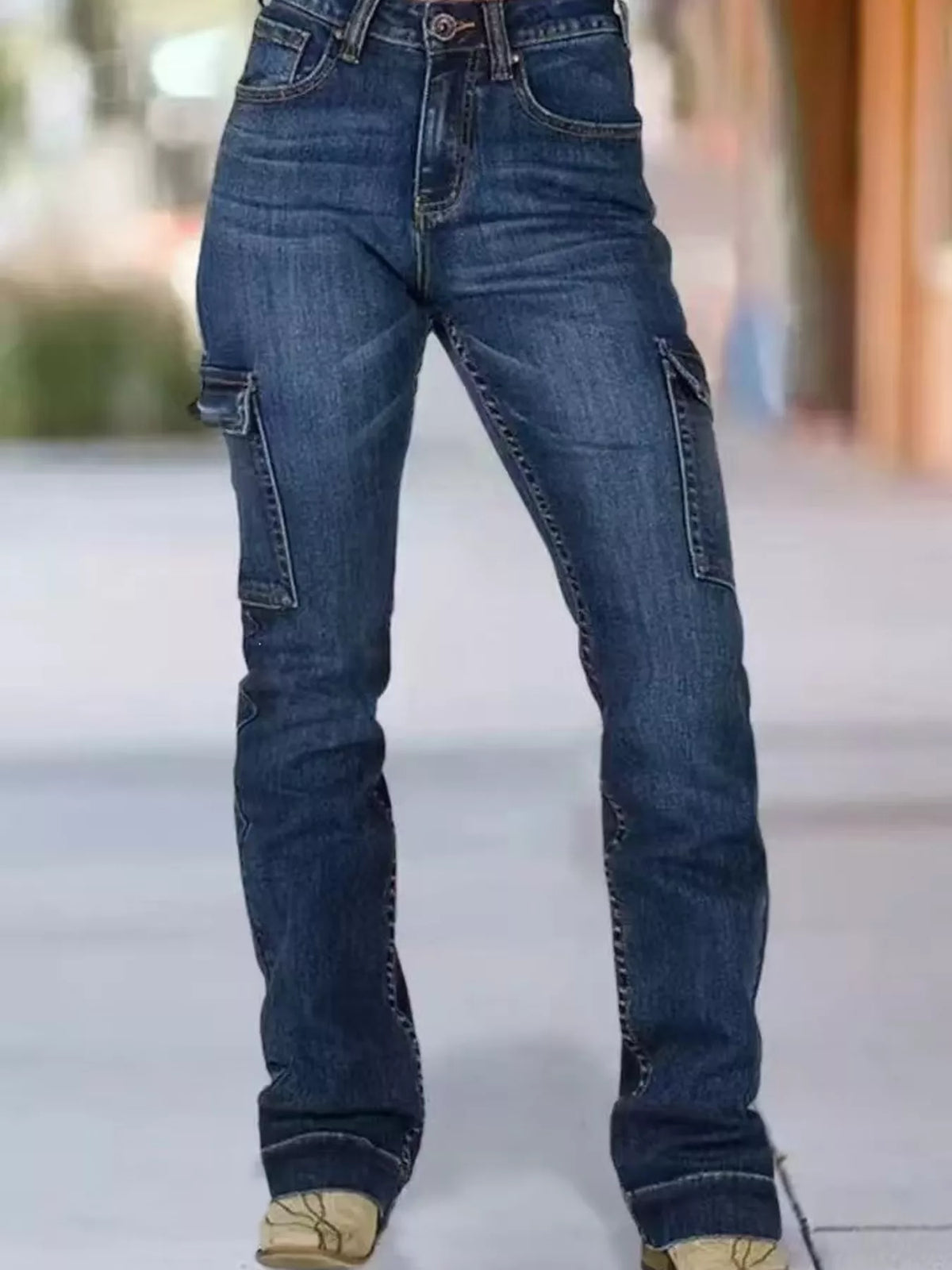 Wings Embroidered High-Rise Cargo Jeans in Dark Blue