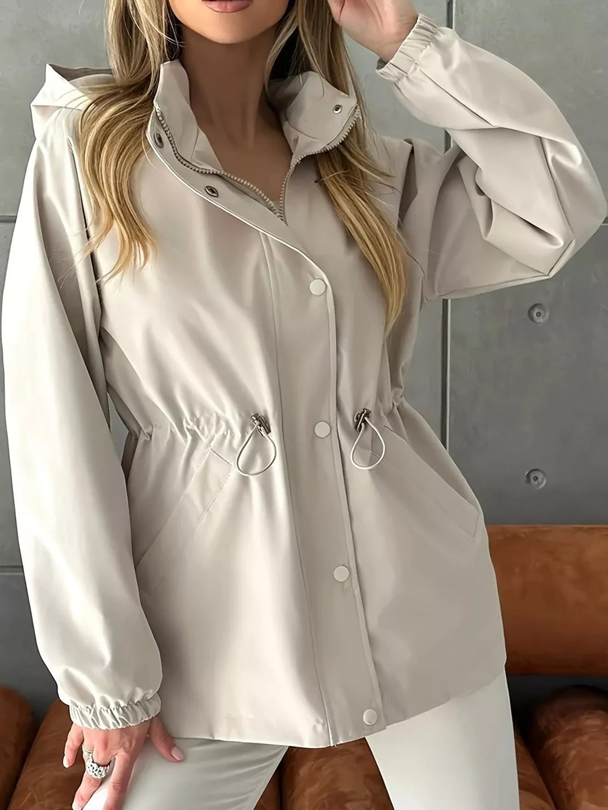 Hooded Drawstring Waist Windbreaker Jacket