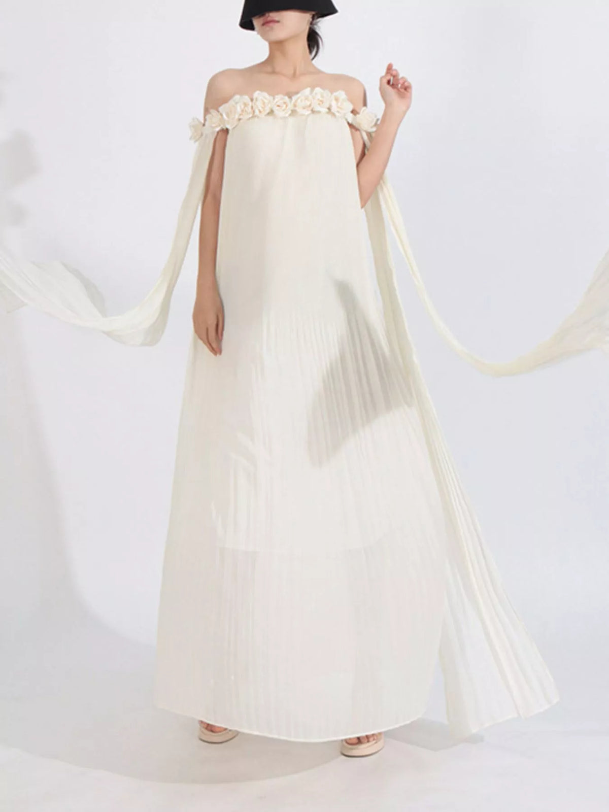 Off-Shoulder Pleated Floral Maxi Dress