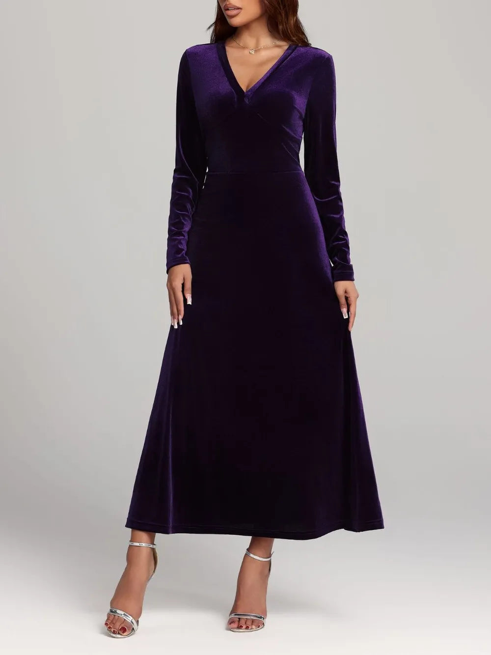 Velvet V-Neck Dress in Violet