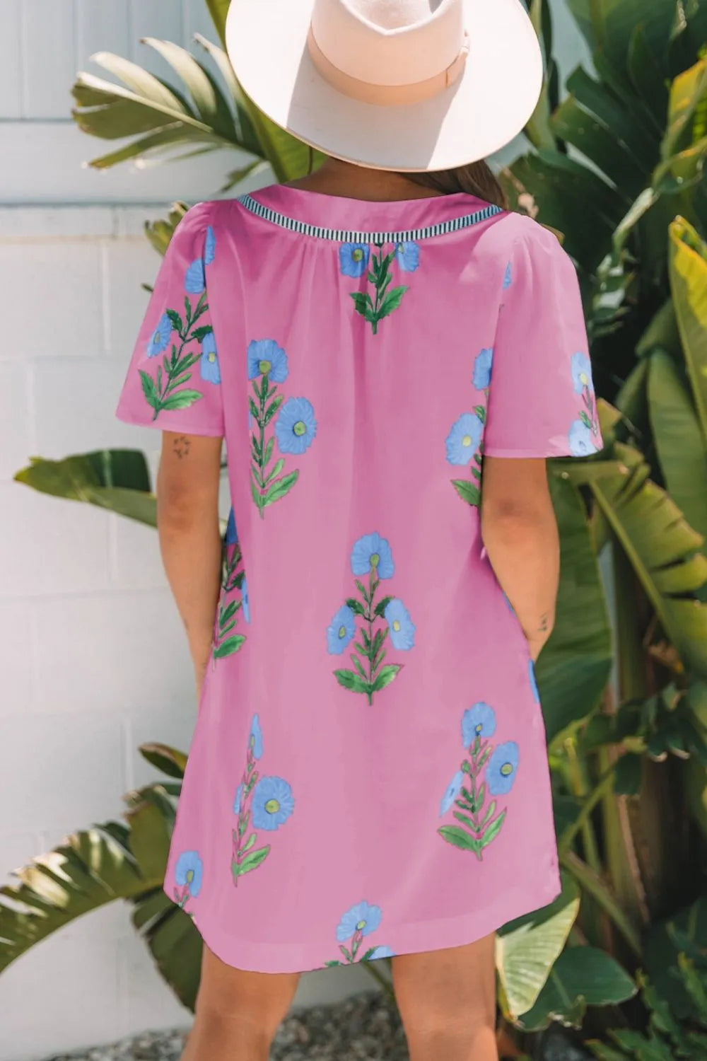 Floral Notched Mini Dress with Striped Trim