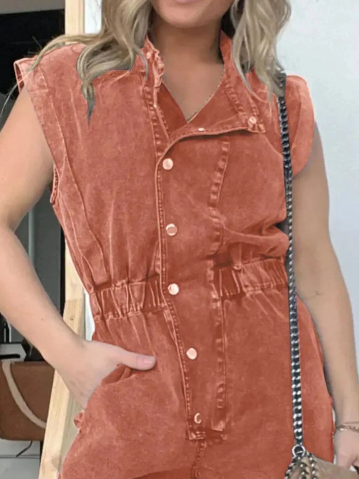 Button Front Cap Sleeve Denim Jumpsuit