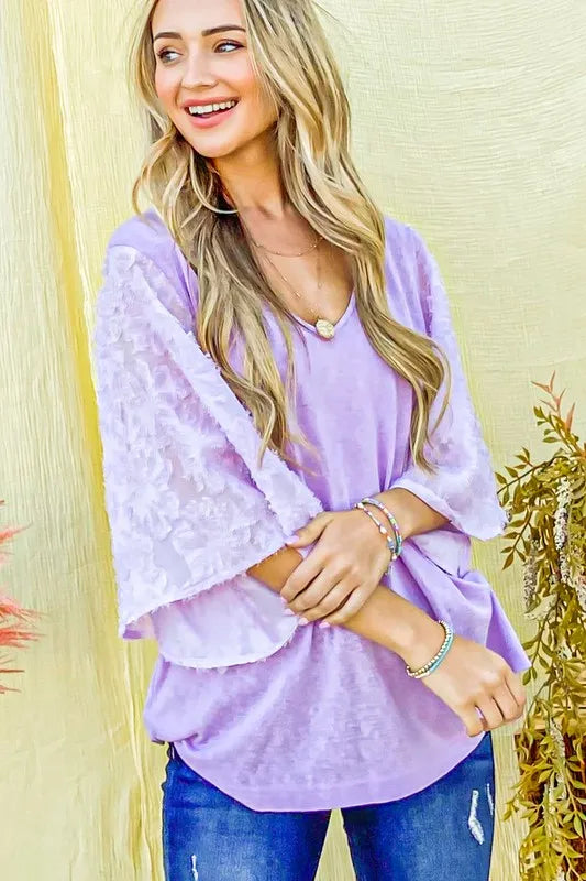 And The Why Feather-Detail Slub Top in Lilac