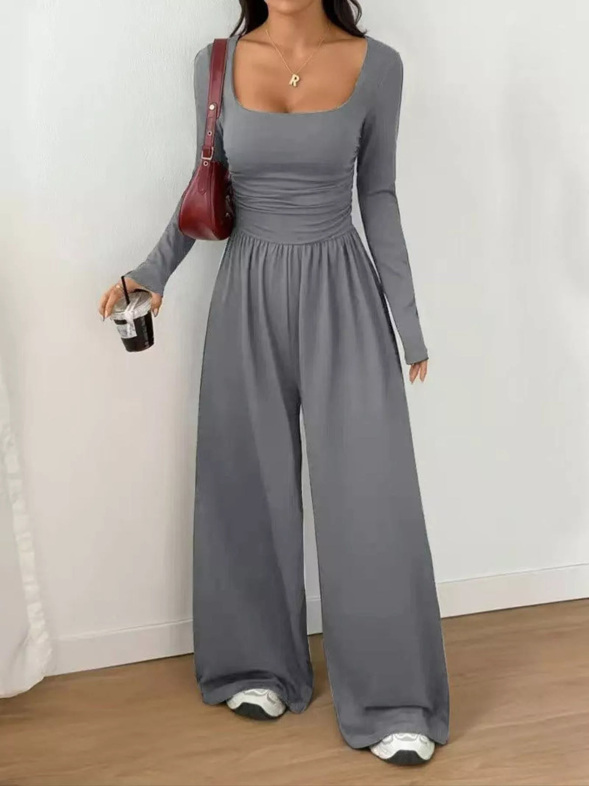 Scoop Neck Ruched Wide Leg Jumpsuit