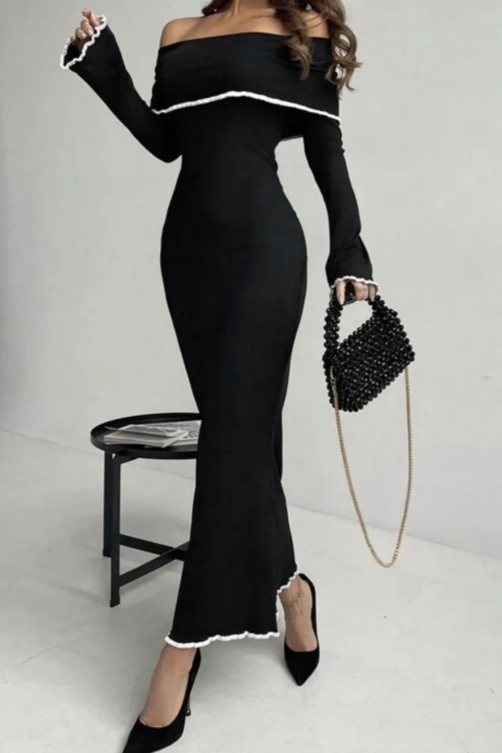 Contrast Trim Off-Shoulder Long Sleeve Maxi Sweater Dress in Black