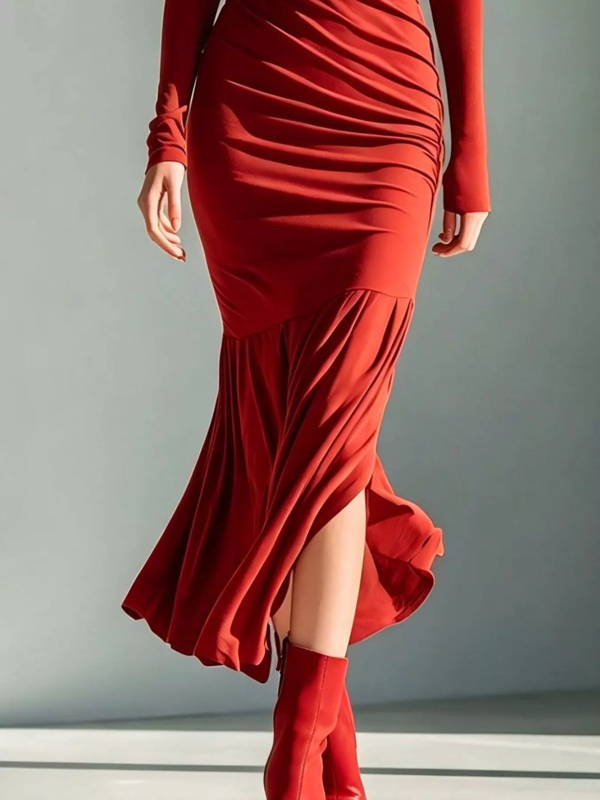 Slit Turtleneck Ruched Bodycon Mermaid Dress, Full Size