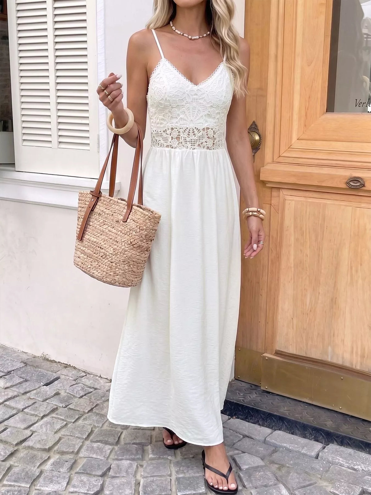 Lace V-Neck Flowy Maxi Dress in White