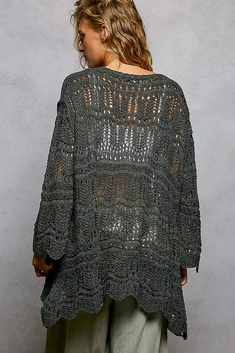 Charcoal Openwork Scalloped Edge Cardigan by POL