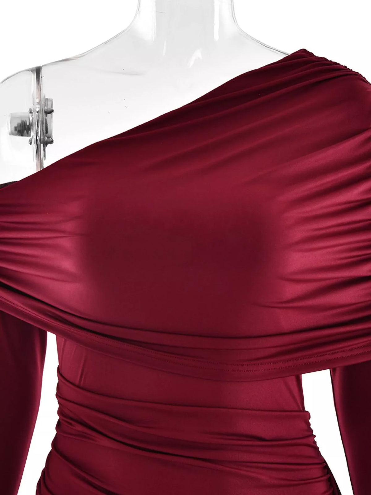 One-Shoulder Ruched Maxi Dress in Wine Red