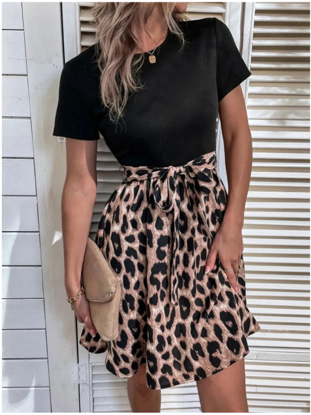 Tied Front Leopard Print Short Sleeve Mini Dress
