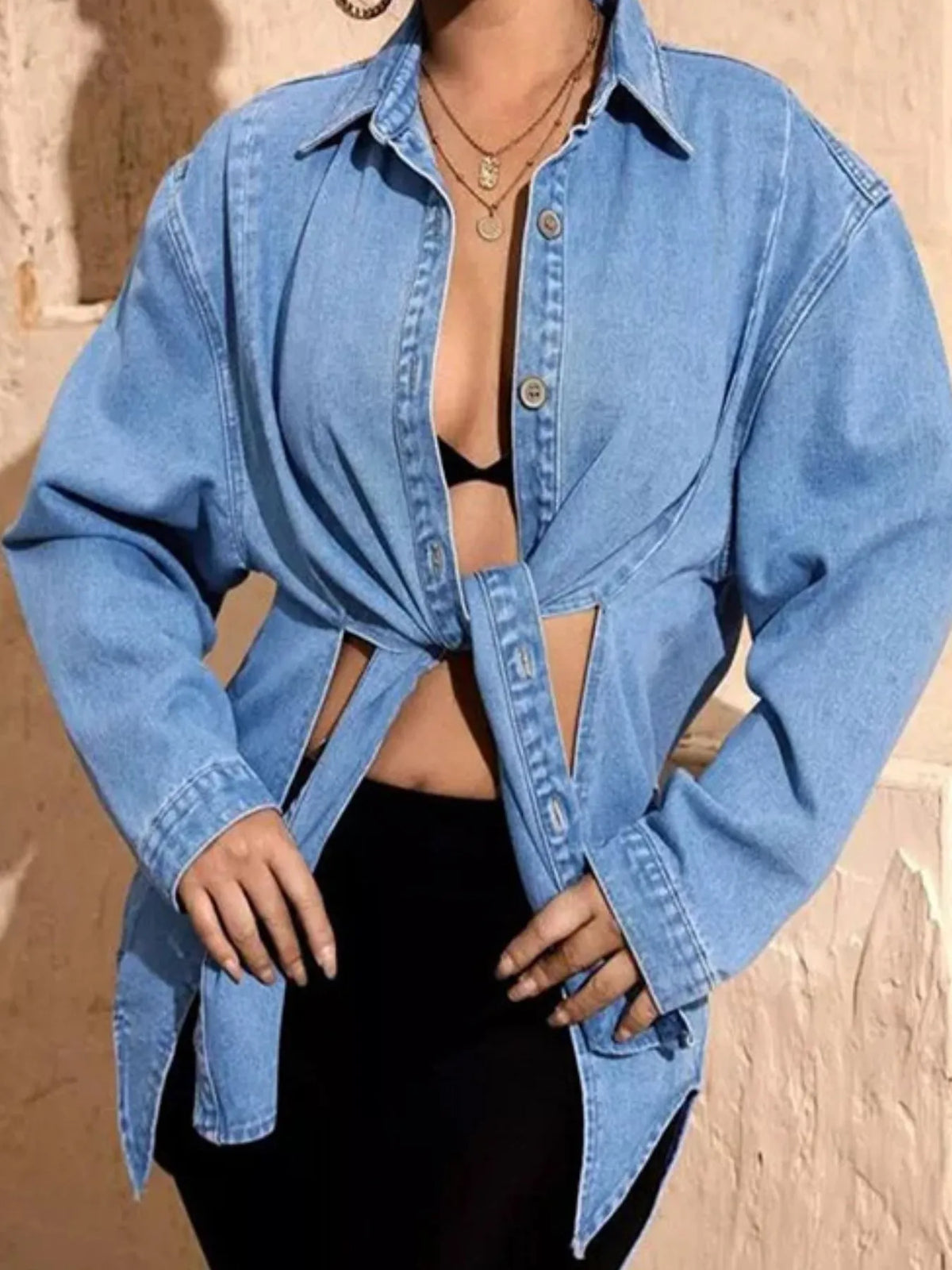 Slit Hem Button Up Denim Shirt in Blue