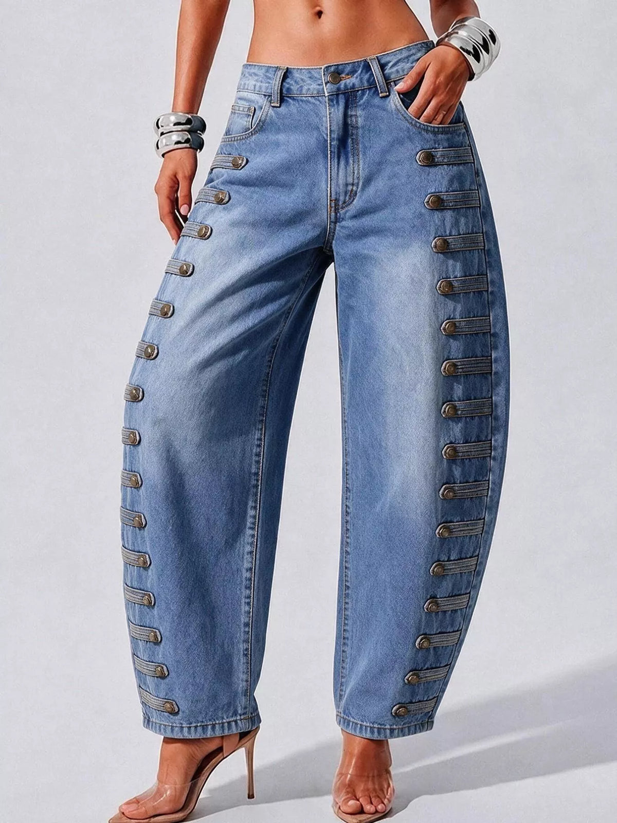 Decorative Button Wide Leg Jeans