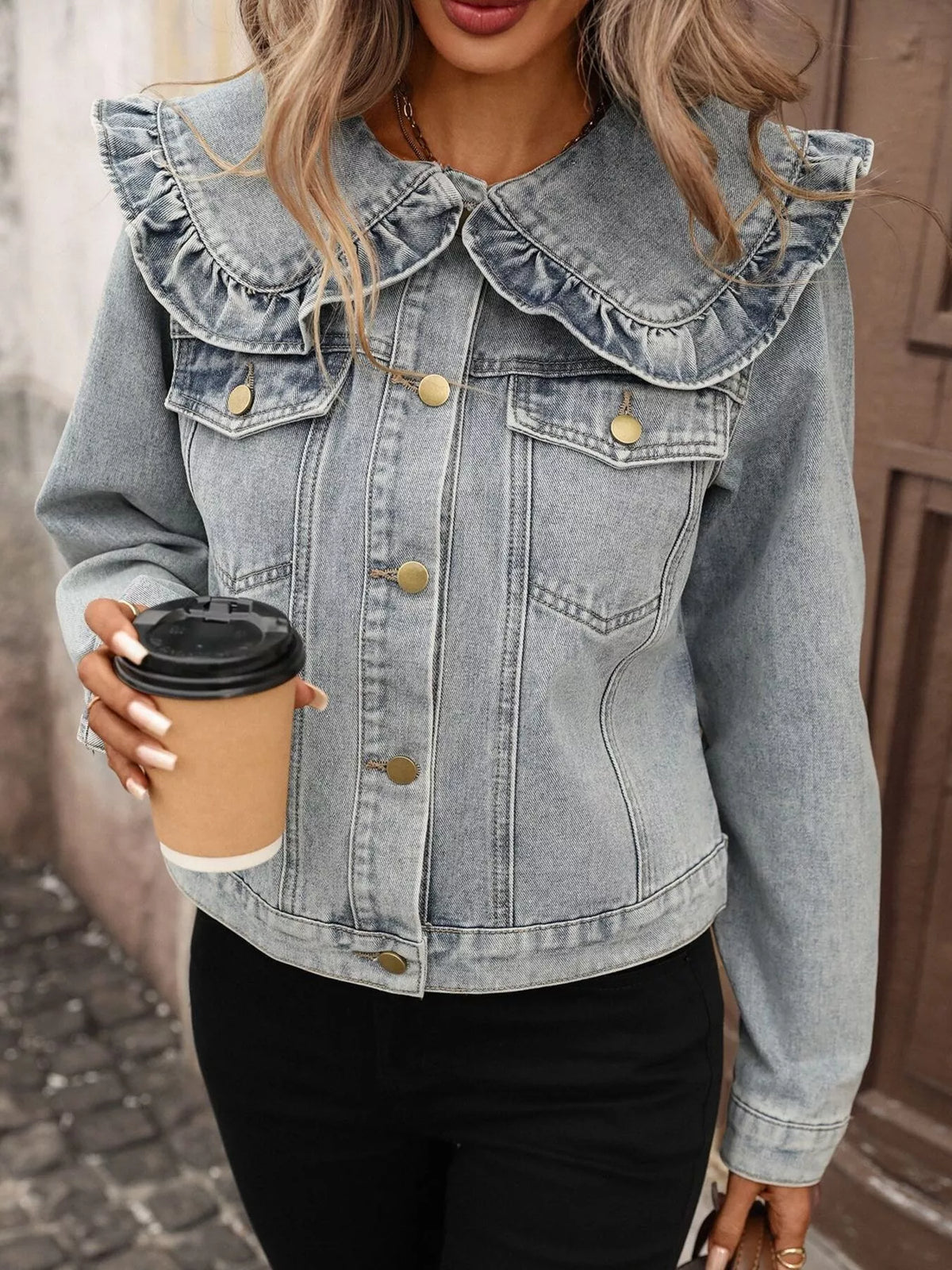 Ruffle Collar Denim Jacket by Moni Wear