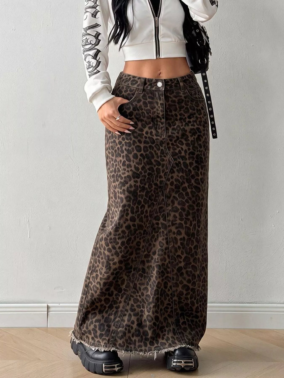 Leopard Print Denim Maxi Skirt