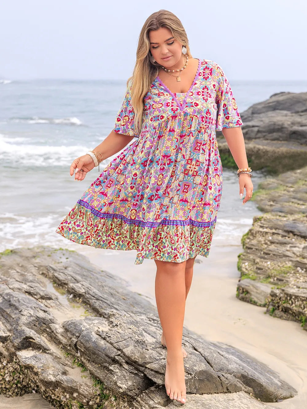Lace Detail Printed Half Sleeve Dress in Heliotrope Purple