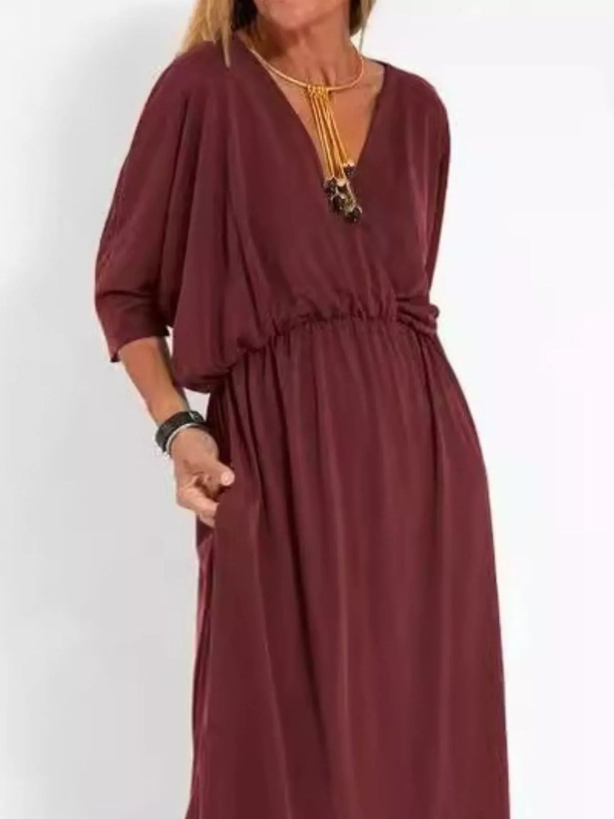 V-Neck Batwing Sleeve Maxi Dress with Pockets