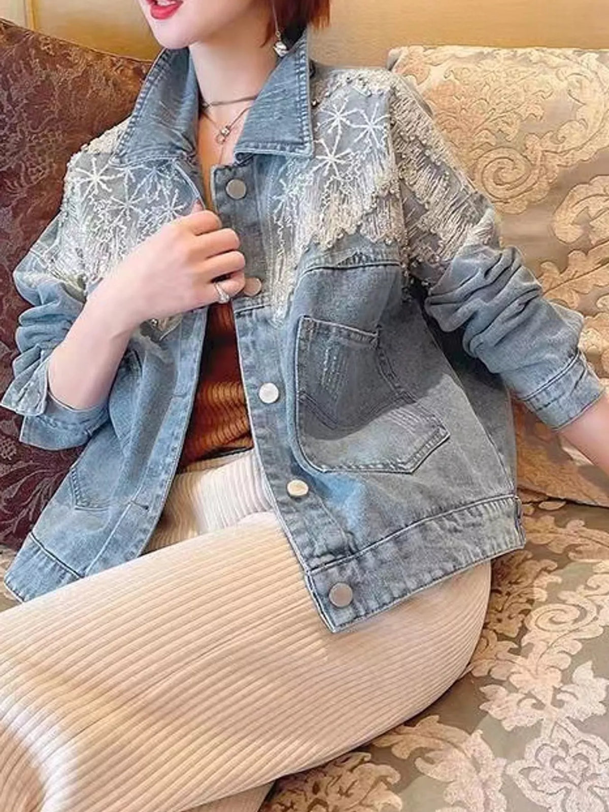Rhinestone Snowflake Embellished Denim Jacket
