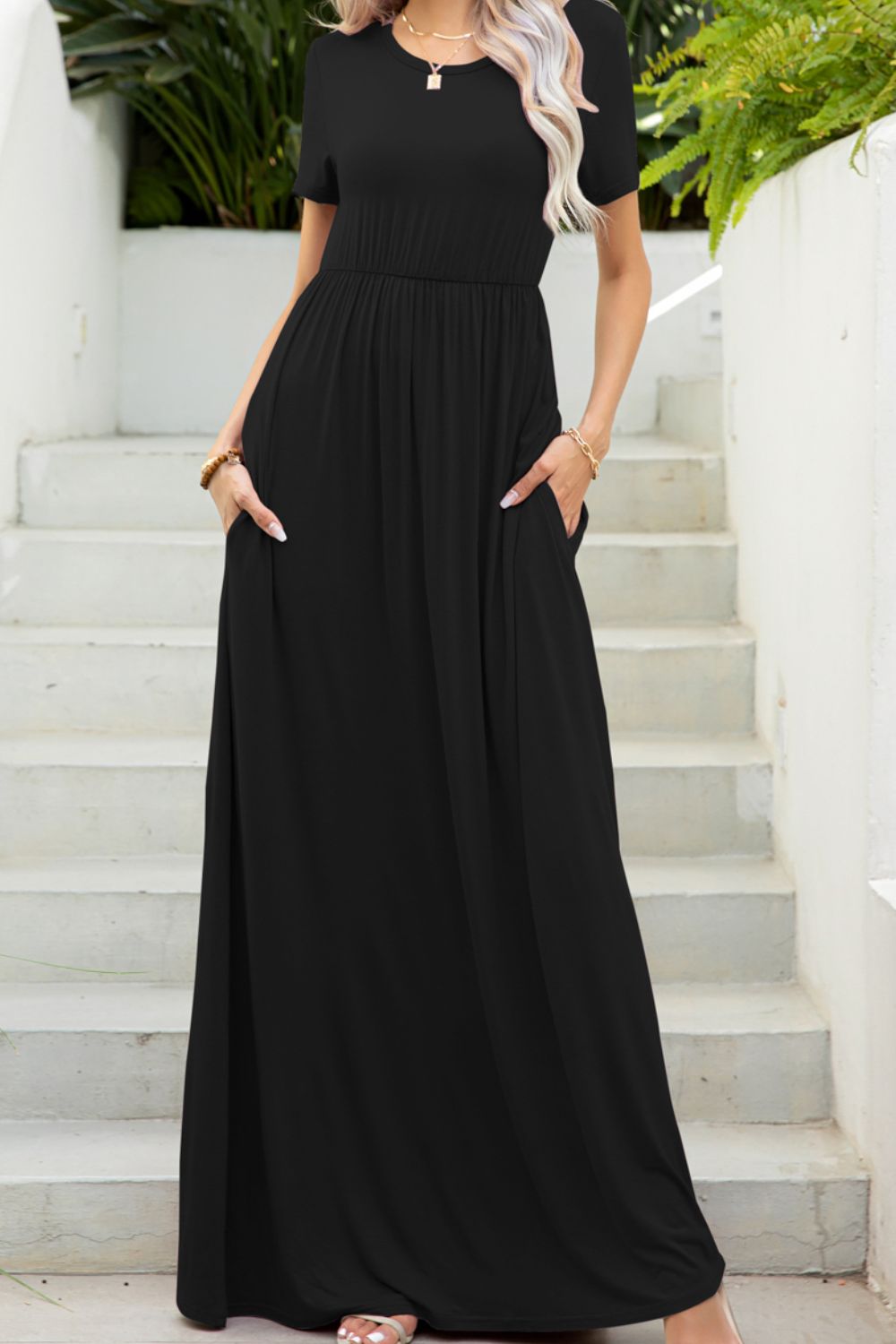 Round Neck Maxi Tee Dress in Black