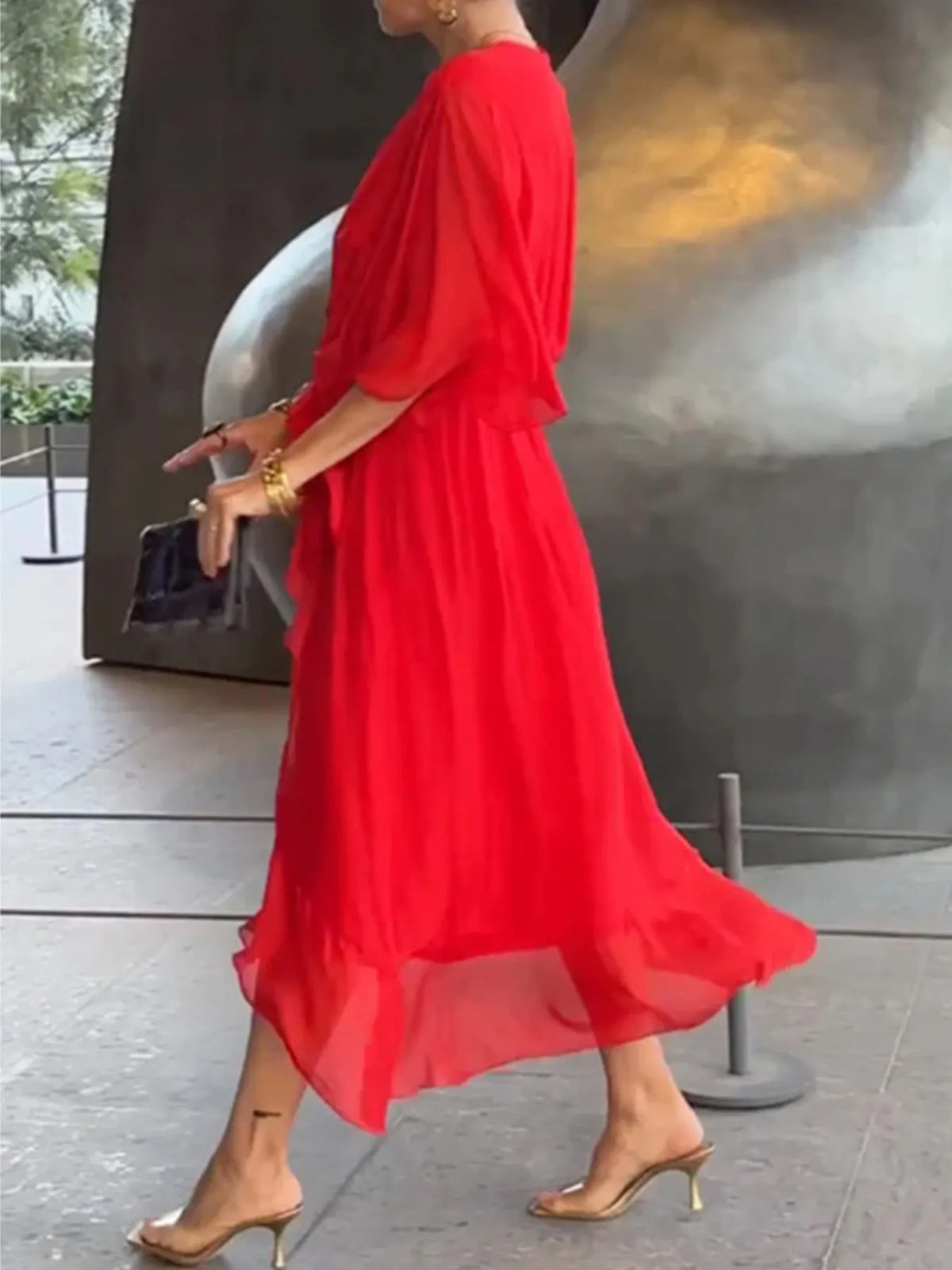 Flowy Tie-Front Midi Dress with Flutter Sleeves
