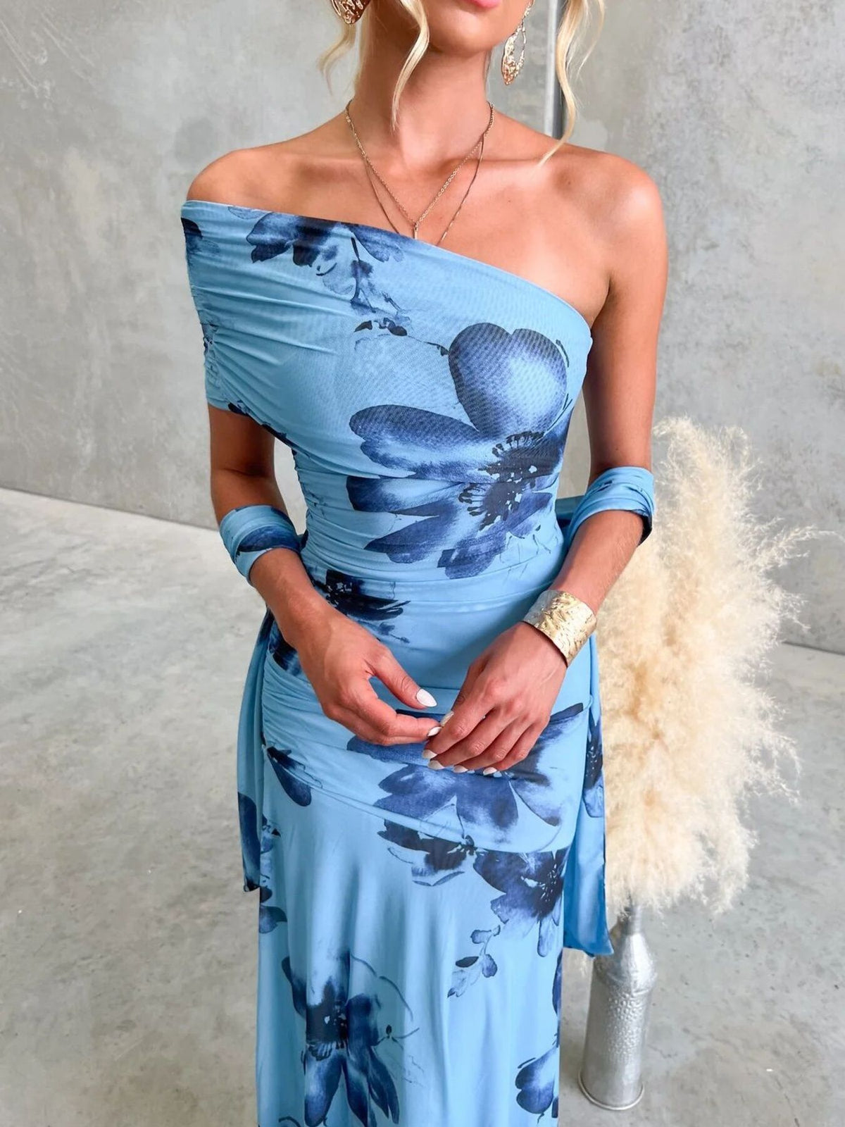 Floral Print One-Shoulder Ruched Maxi Dress in Blue
