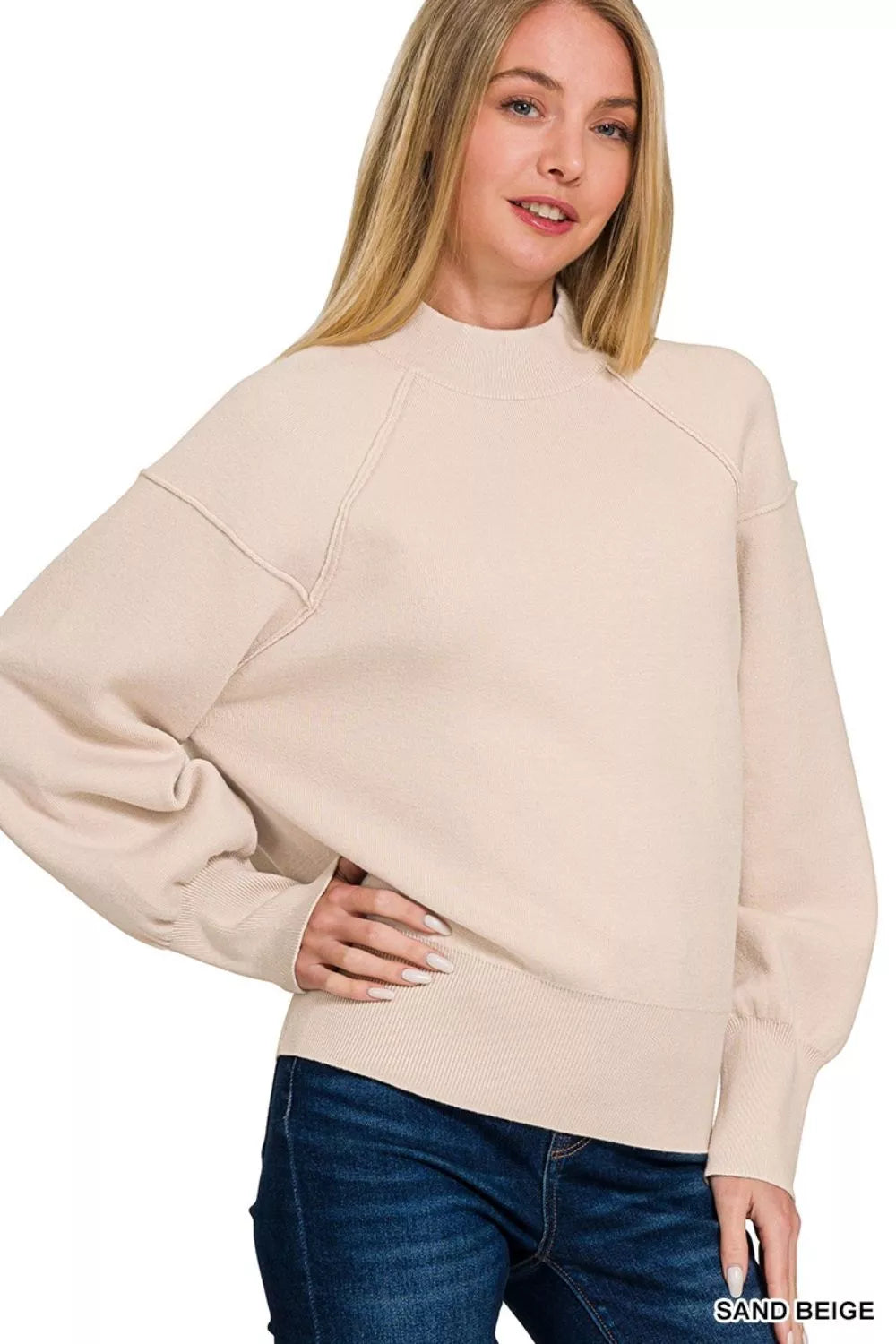 Zenana Mock Neck Exposed Seam Sweater in Sand Beige