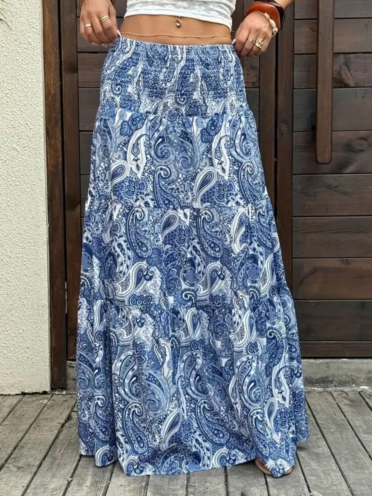 Smocked Paisley Print Maxi Skirt