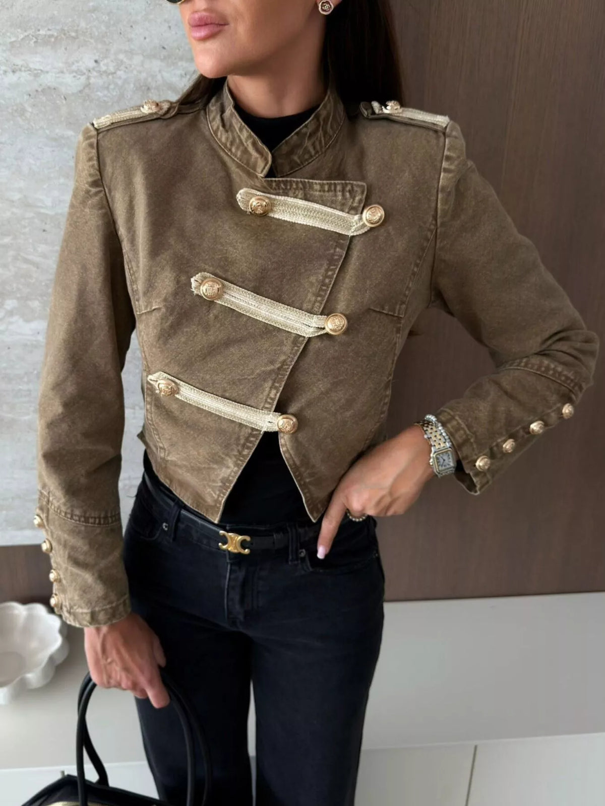 Cropped Denim Jacket in Khaki
