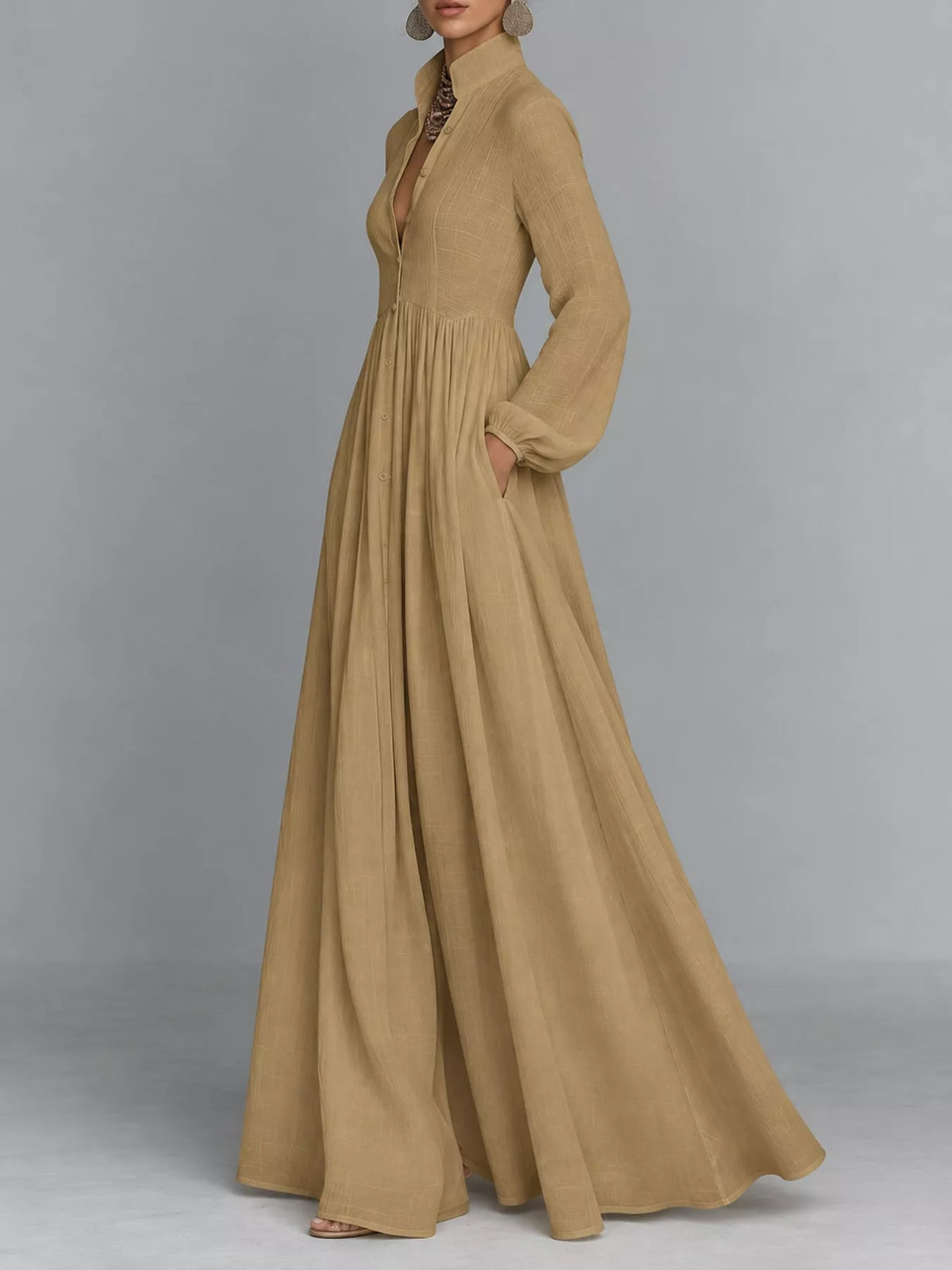 Long-Sleeve Button Front Maxi Dress