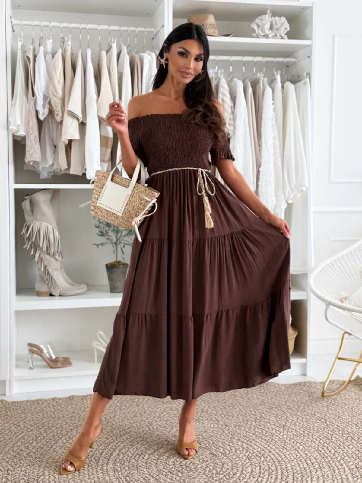 Off-Shoulder Smocked Tiered Midi Dress