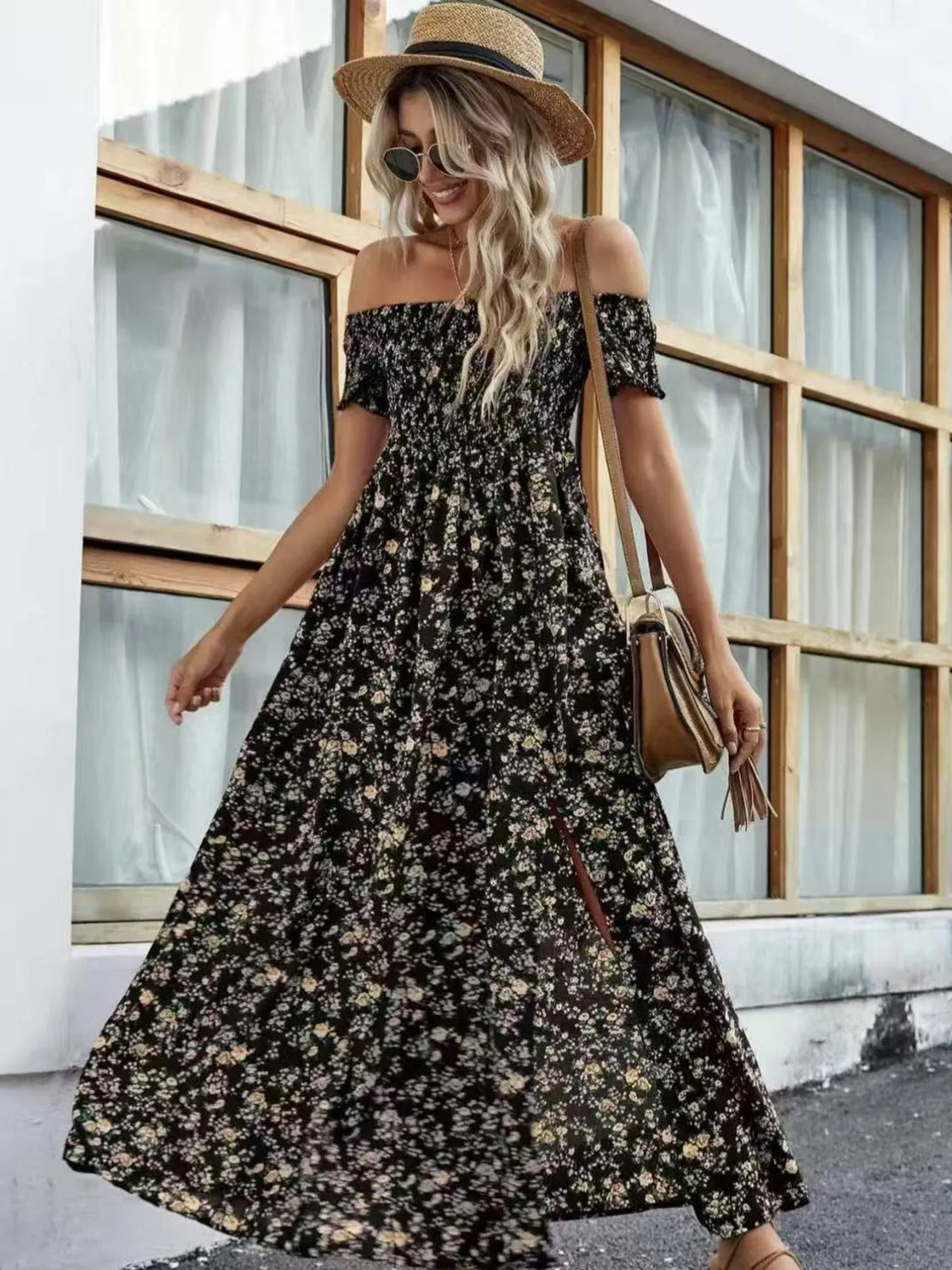 Off-Shoulder Smocked Floral Midi Dress