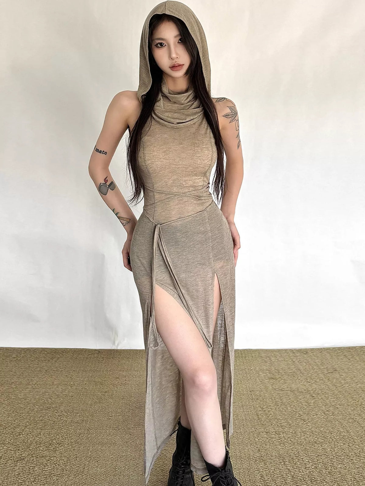 Sleeveless High-Slit Hooded Maxi Dress