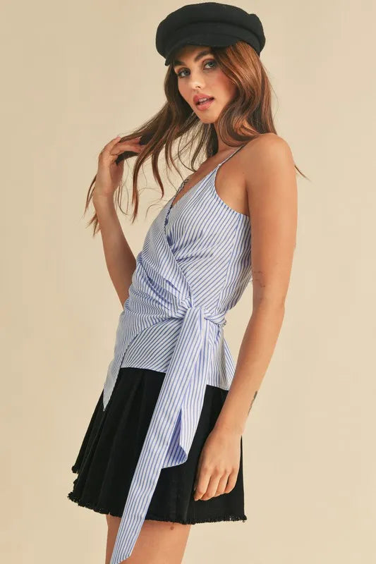 Side Knot Surplice Striped Cami in White and Sky in White/Sky