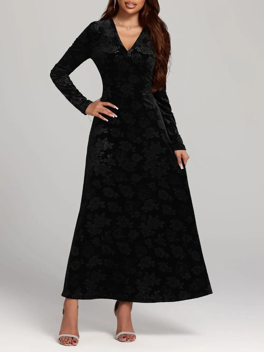 Rose Print V-Neck Dress in Black