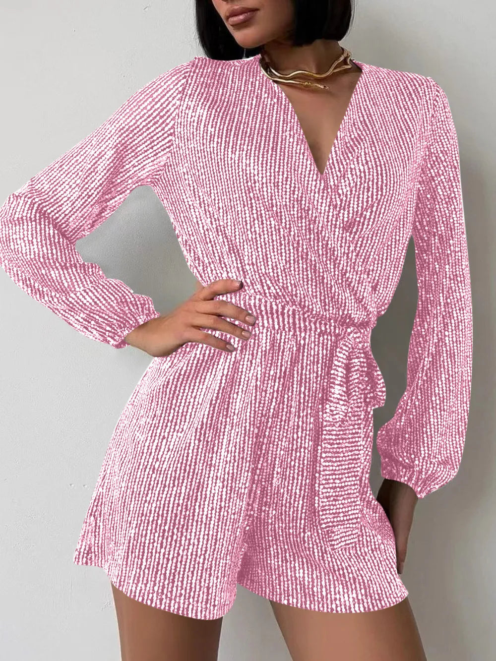 Sequin Surplice Tie Waist Romper