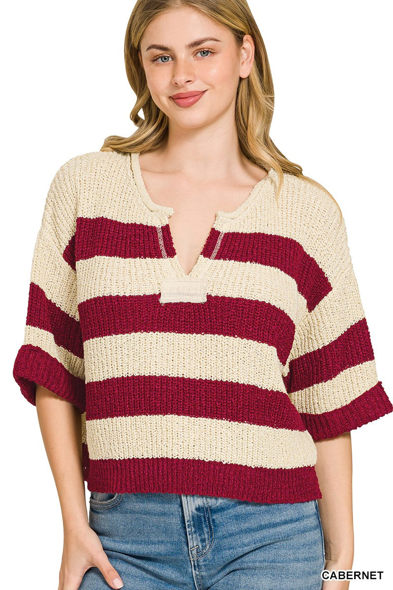 Zenana Split Neck Striped Sweater in Cabernet