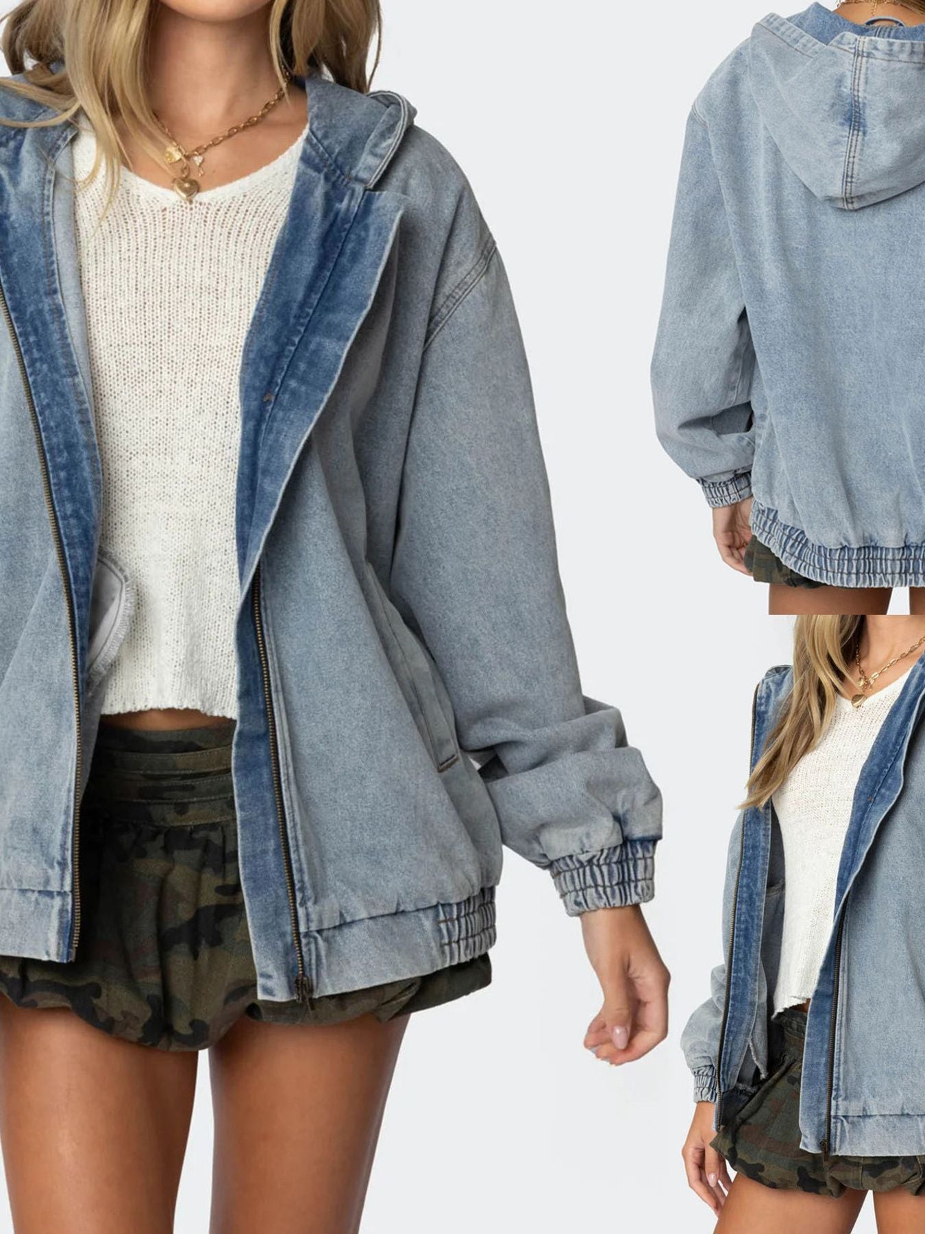 Hooded Oversized Zip-Up Denim Jacket in Light Blue by Dreamy Drapes