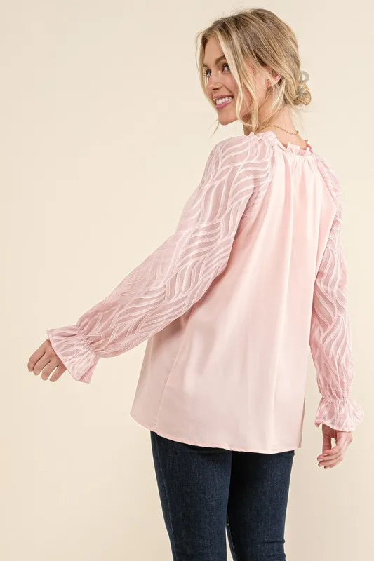 And The Why Leaf-Textured Sleeve Blouse in Pink